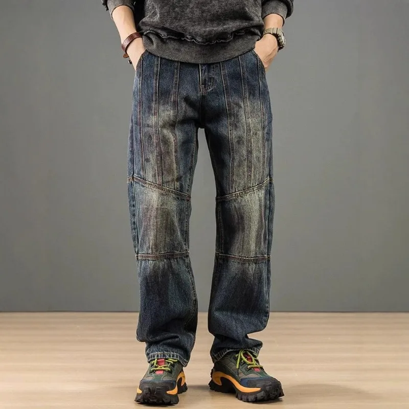 

Новые модные джинсы, мужские осенне-зимние персонализированные тонкие ретро-модные брендовые свободные прямые брюки, ностальгический синий цвет