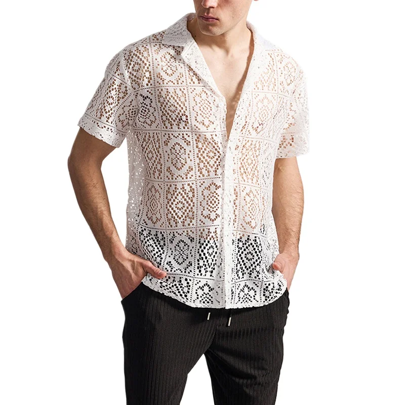 

Mens Lace Shirts for The Club Wear Nightclub Sexy See Through Summer Short-sleeved Elegant Men's Luxury Hollow Out Dress Shirt