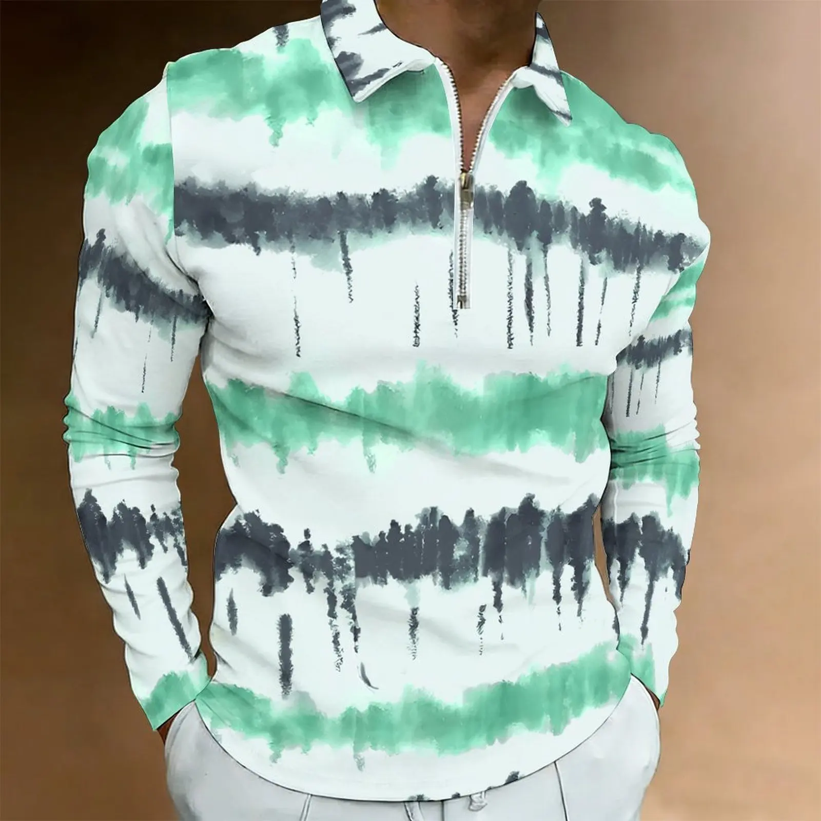 Men Print Half Zip Polo Shirt Long Sleeve Lapel Collar Casual Summer Mens Daily Tops Oversize