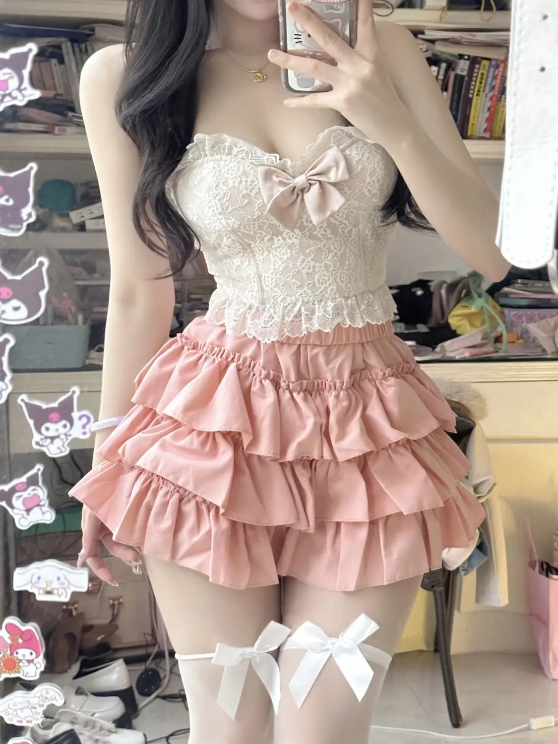 Y2K Sweet Ruffles Mini Skirt Women Kawaii Lolita Bow A Line Skirt shorts Japanese High Waist Summer Pink White Ball Gown Skirt