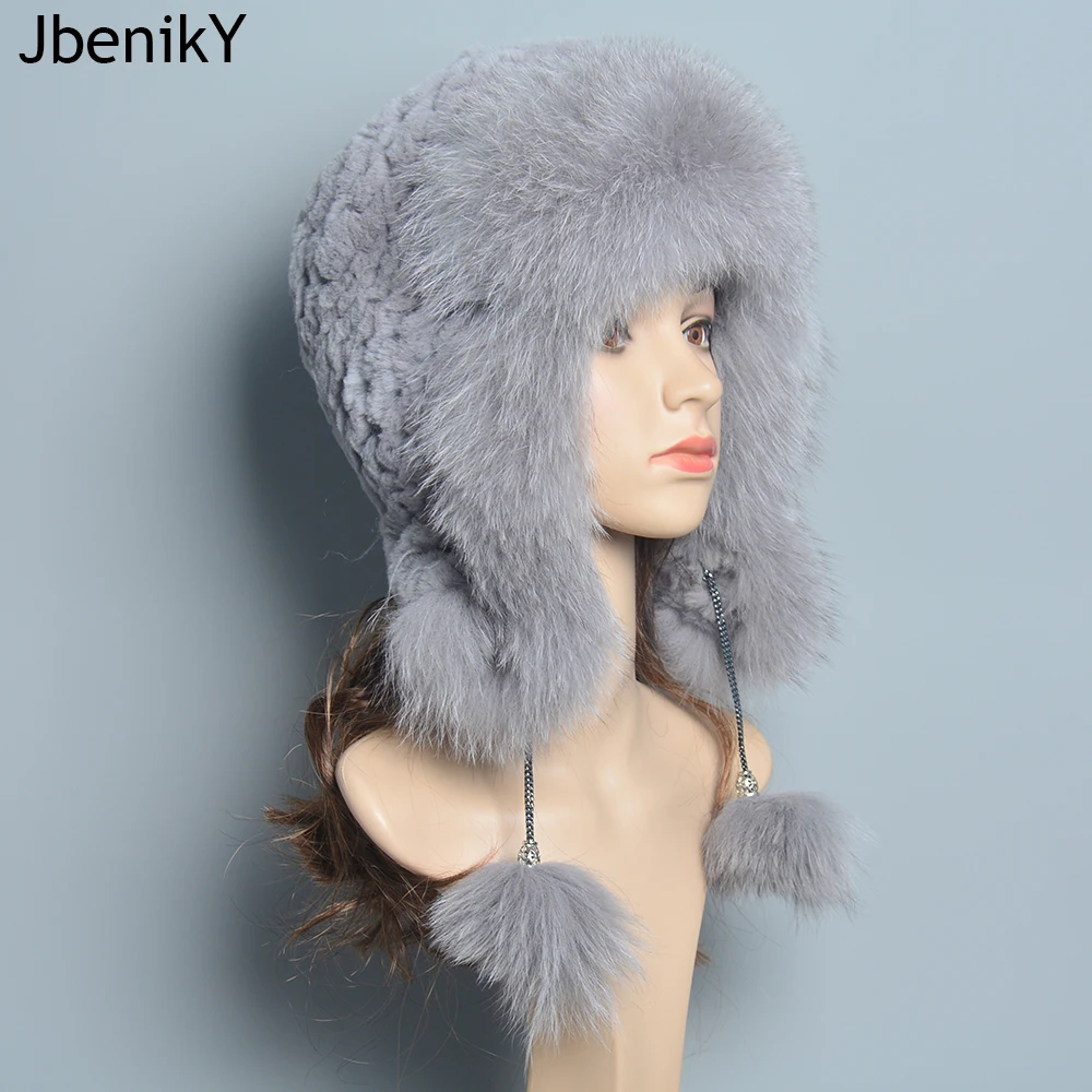 

Winter Hats for Women Real Rex Rabbit Fur Elastic Knitted Cap with Fox Fur Fall Bonnets Women's Beanies Hat with Ear Protector