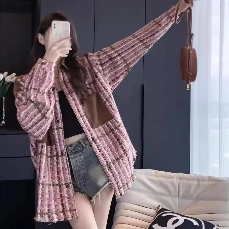 Spliced Woven Plaid Coarse Tweed Small Fragrant Style Jacket for Women's 2024 Spring and Autumn Lazy Style High-end Feeling Top