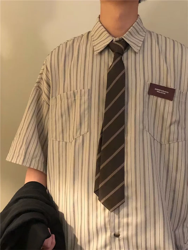 

Retro Japanese Stripe Short Sleeve Shirt Men Summer Thin High-End Loose Casual Trendy Couple Shirt Jacket Youth Daily Wear