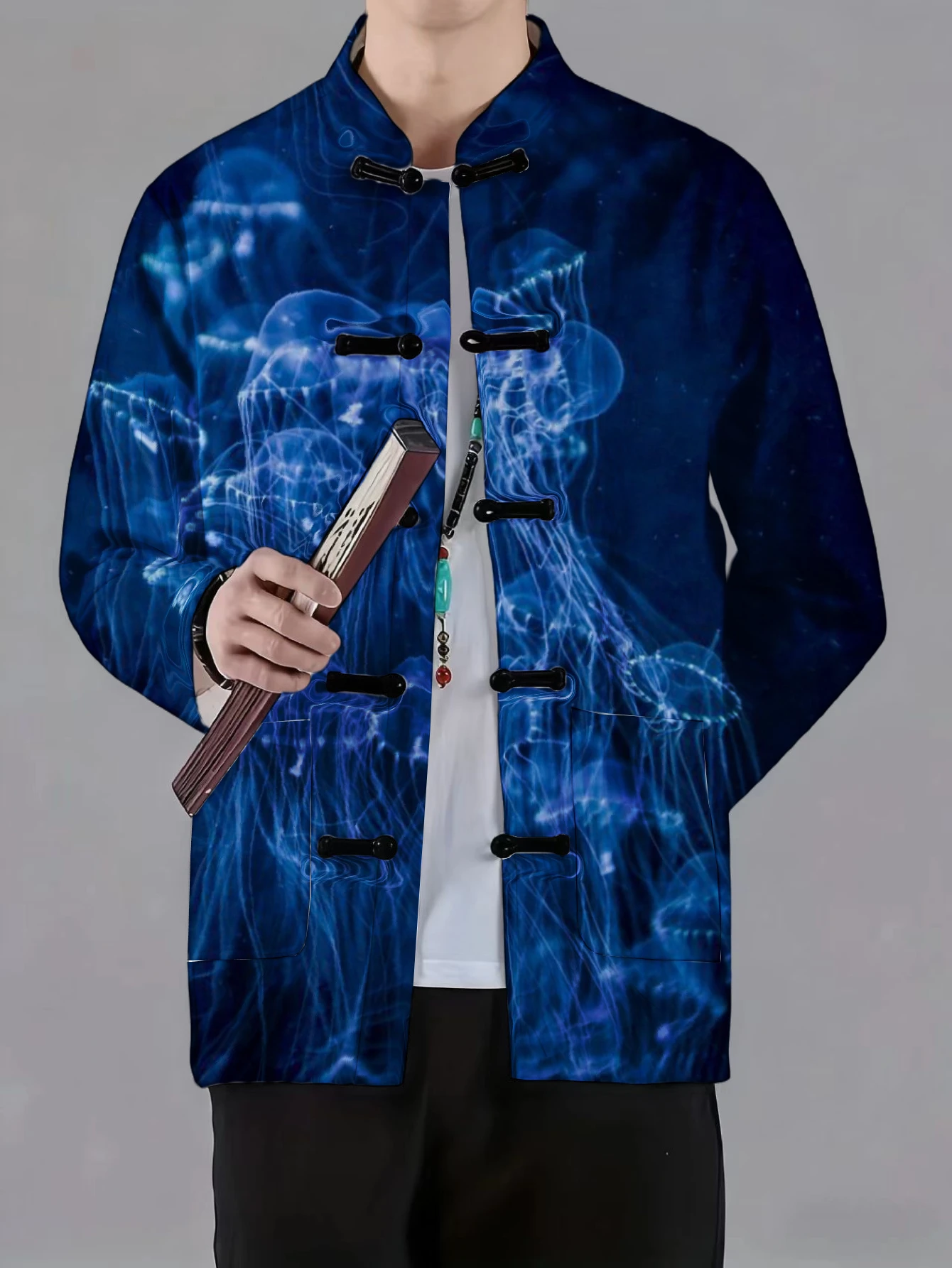 Men Mandarin Collar Frog Button Jacket Jellyfish Abstract Planet Flame Art Print Traditional Outerwear view 5