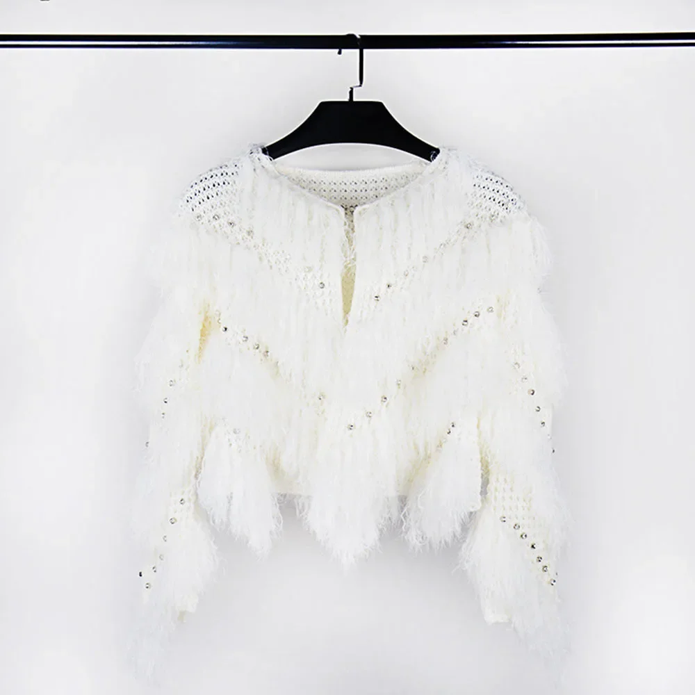 

Hollow Beaded Faux Fur Tassels Tops Luxury Sweater Coat For Women Irregular Rhinestone Sequins Fringed Knit Cardigan Bat Sleeve