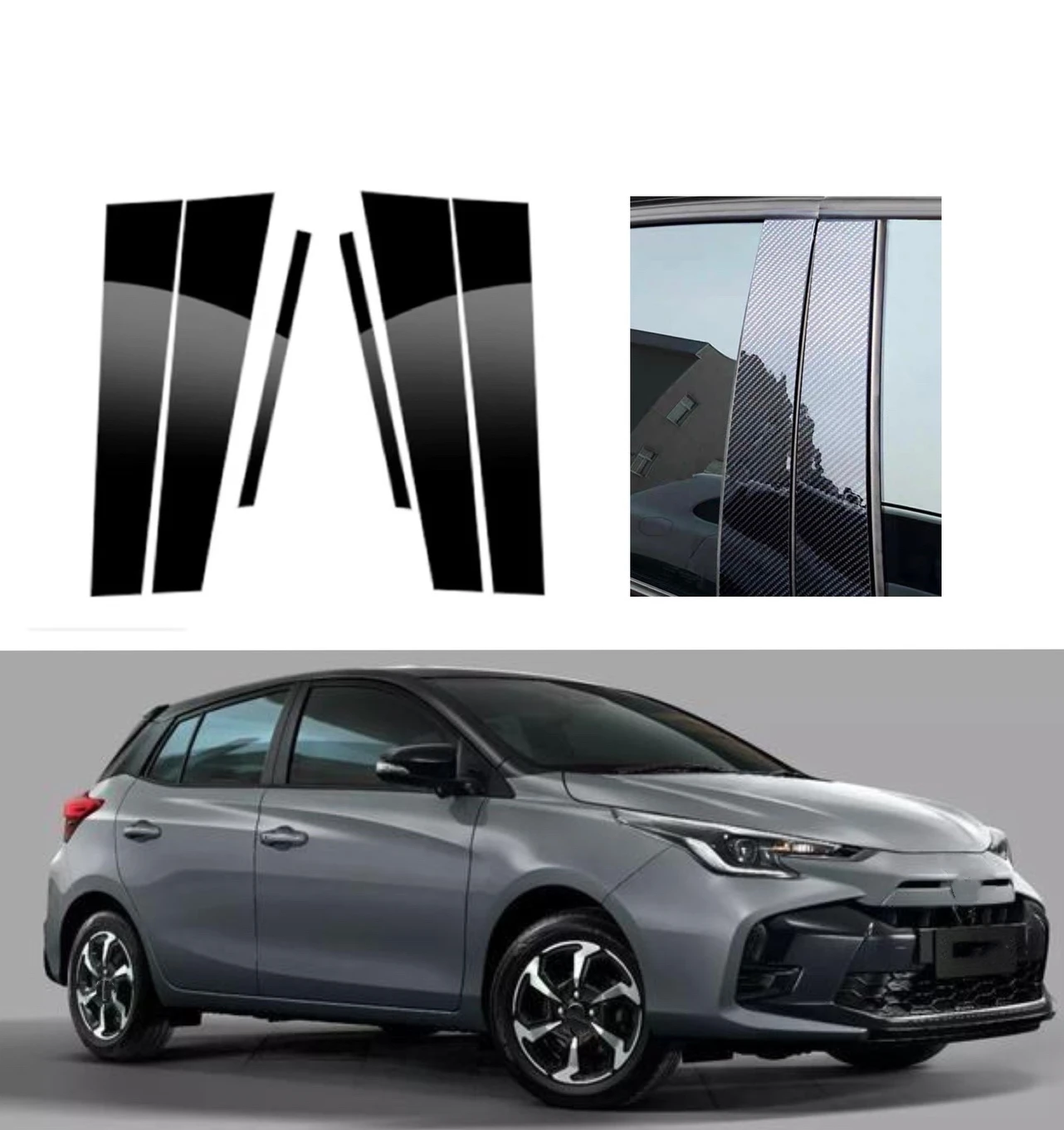 

Fit For Toyota Yaris XP150 5-Door Hatchback 2014-2023 Silver Carbon Glossy Black Pillar Posts Door Trim Molding Cover Stickers