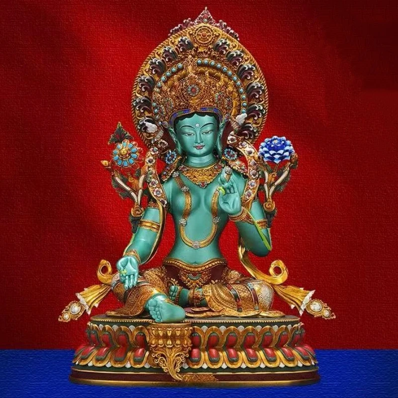 Tibetan -Style Green Tara Nepalese Artistic Statue Painted Copper Buddha Statue Hand-Chiseled Copper Buddhist Item Backlight
