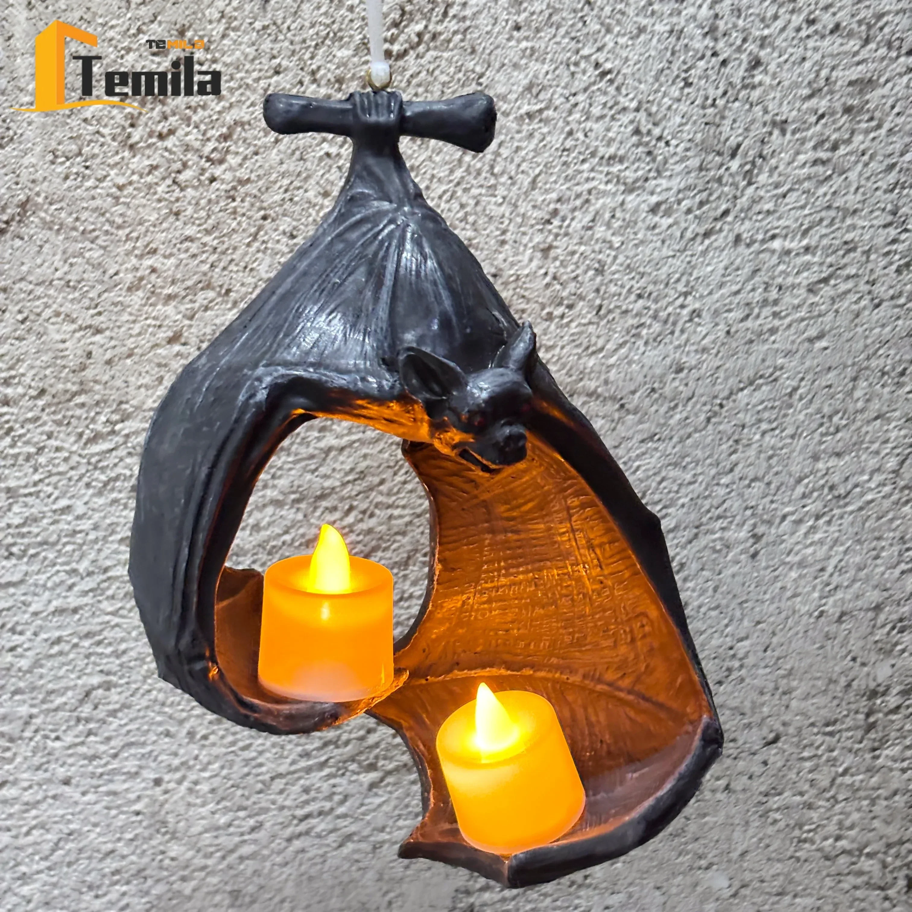 22cm Bat Shape Tealight Holder Hanging Candlestick resin Statue Halloween haunted house escape room garden Decor Ornament Gift