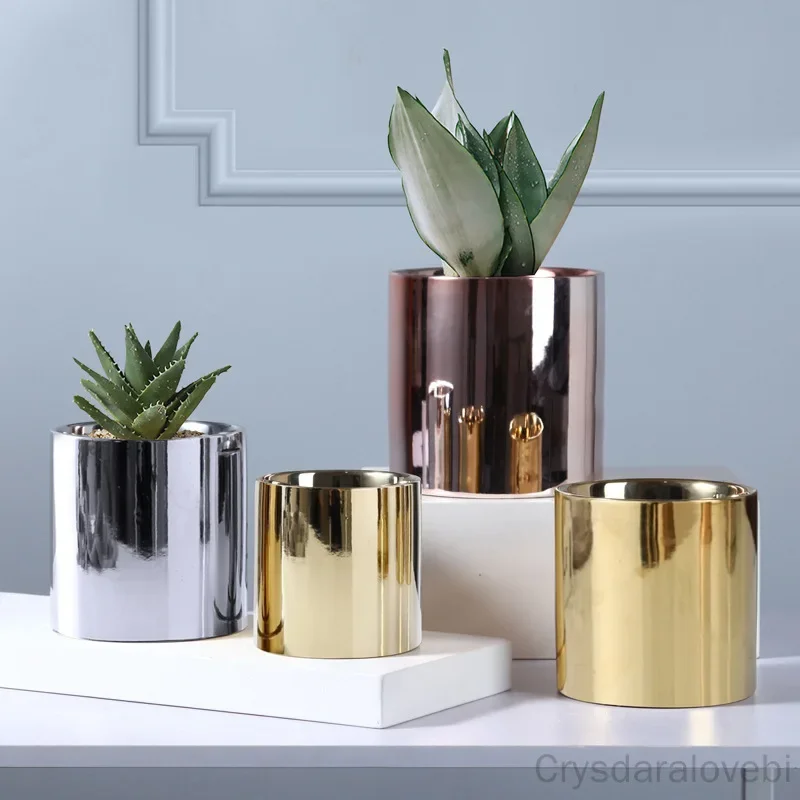 Nordic Electroplated Ceramic Flower Pot Rose Gold Silver Succulent Flower Pot Plant Home Garden Office Desktop Decor