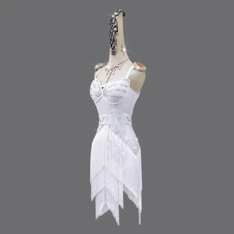 White Latin Dance Dress Stage Performance Women Female Tassels Skirt Sports Costume Ball for Girls Practice Wear Prom Suit