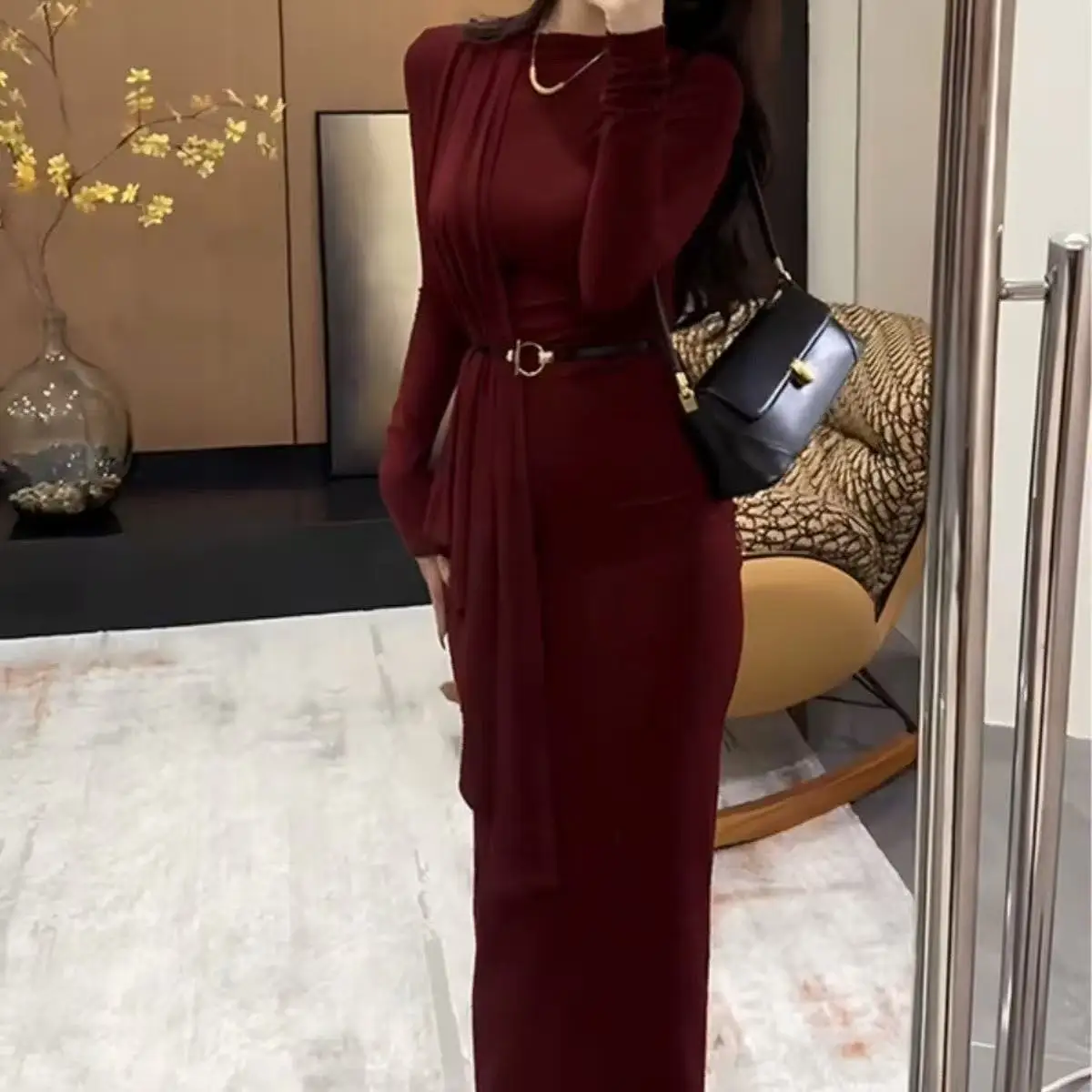 Red Sash Long Sleeve Long Dress Women's Slim Fit Waist Cinched Split Tight Body Contouring Elegant Wrap around Skirt Dress