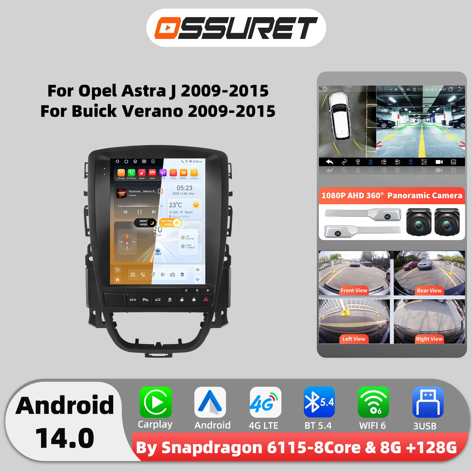9.7-calowy odtwarzacz multimedialny z CarPlay i Androidem 14 do Opel Astra J Buick Verano 2009 - 2015, radio samochodowe, nawigacja GPS, stereo, ekran z kamerą 360