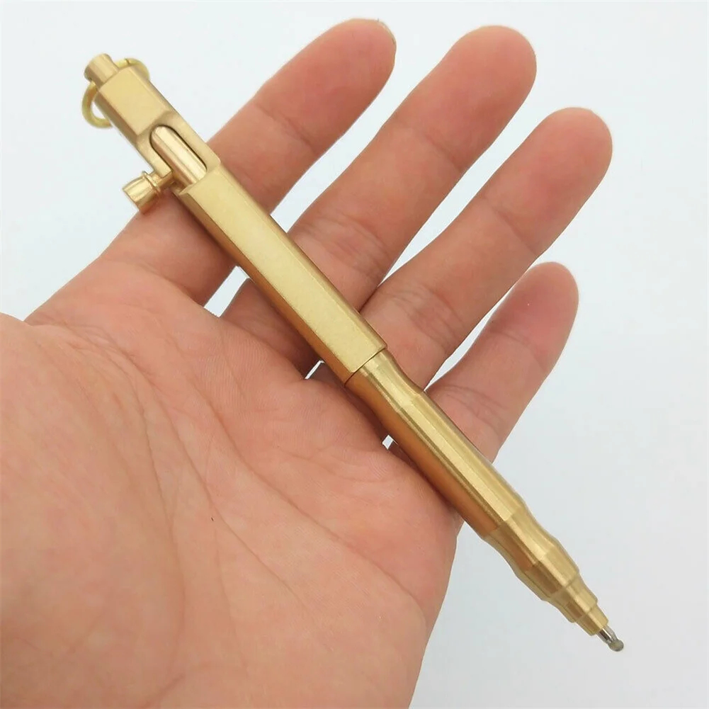 Portable Solid Brass Bolt  Action Pen With Ring Square Shape Retro Style Pocket Business Signature Pen Decent Gifts For Friends