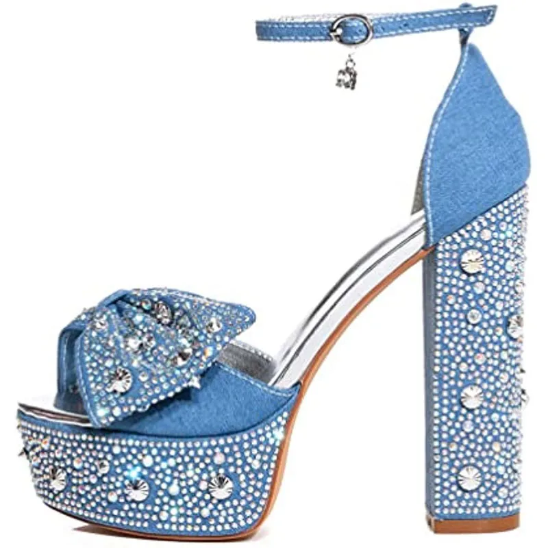 

Blue Denim Crystal Bow Knot Platform Sandals Chunky High Heel Shoes for Women Rhinestone Drill Jean Sandalias Zapatillas Mujer