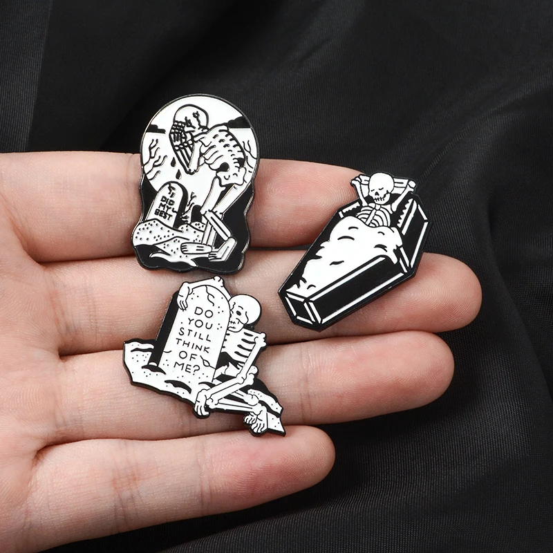 Pin esqueleto ataúd grave broche Punk oscuro humor insignia regalo para amigos pin de solapa joyería para Jeans gorra bolsa solitario esmalte de la muerte