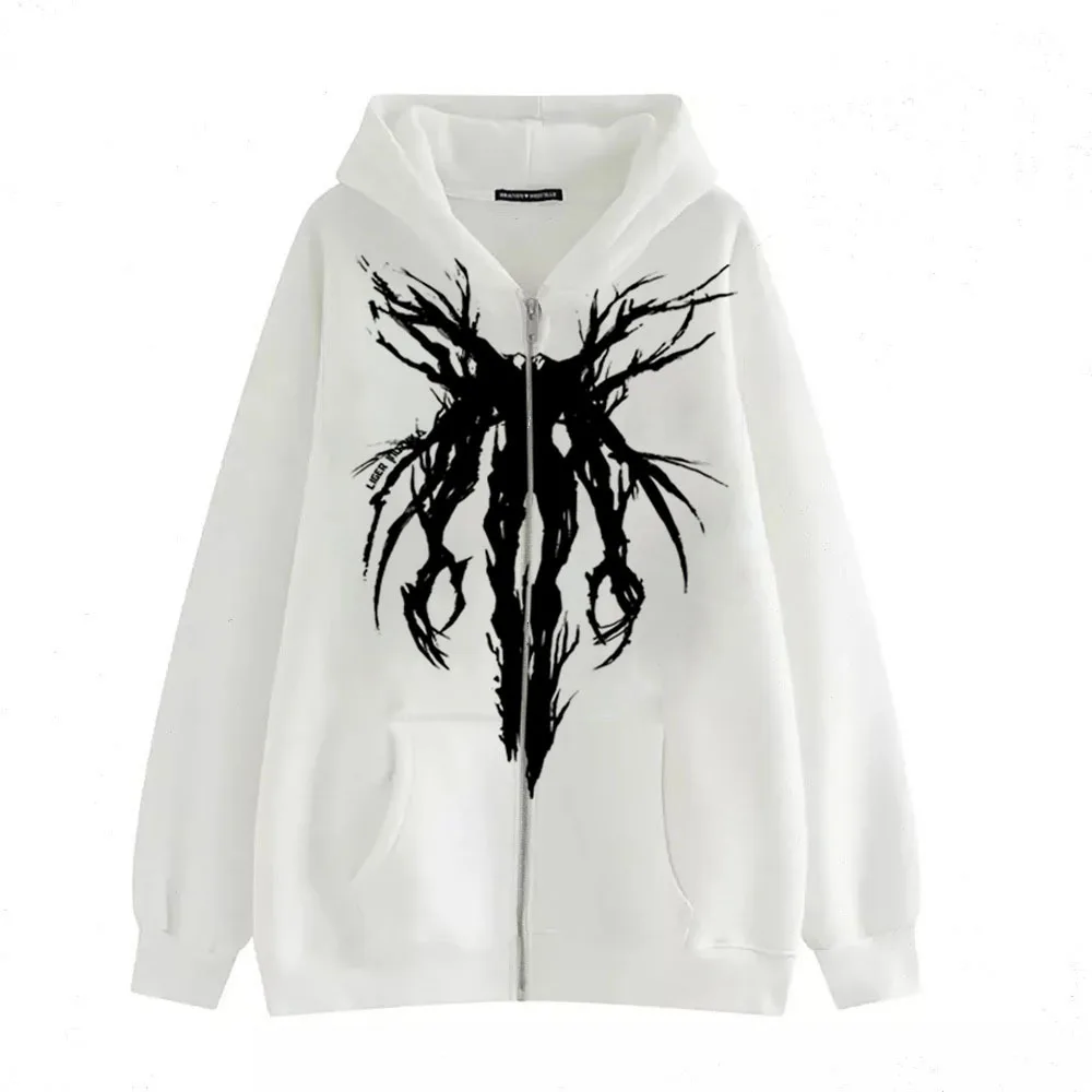 2024 European Style Dull Black Skeleton Polo Shirt Men Women Hooded Sweatshirt Gothic Couple Zipper Sweatshirt