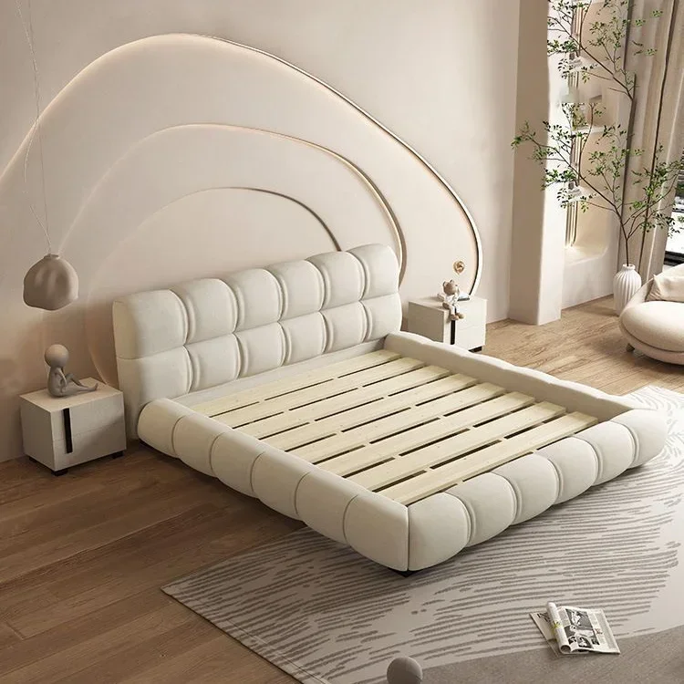 Khaki Modern Double Nordic Bedroom Bed Set Wrinkled Folding Large Fabric Storage Bed Frame