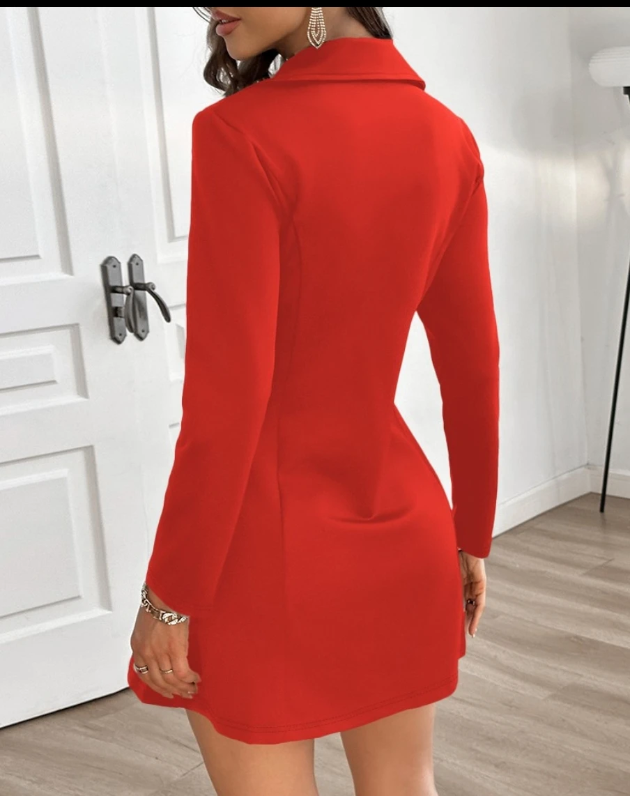 Abito da donna a linea A Mini abito con cerniera Bottoni Elegante scollo a V Manica lunga Colore rosso nero