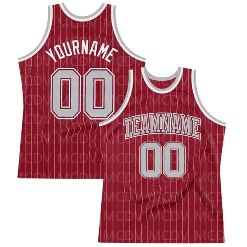 

Custom Maroon White Pinstripe Gray Authentic Basketball Jersey 3D Print Team Name Number Vest Game Practice Clothes Adult/Youth