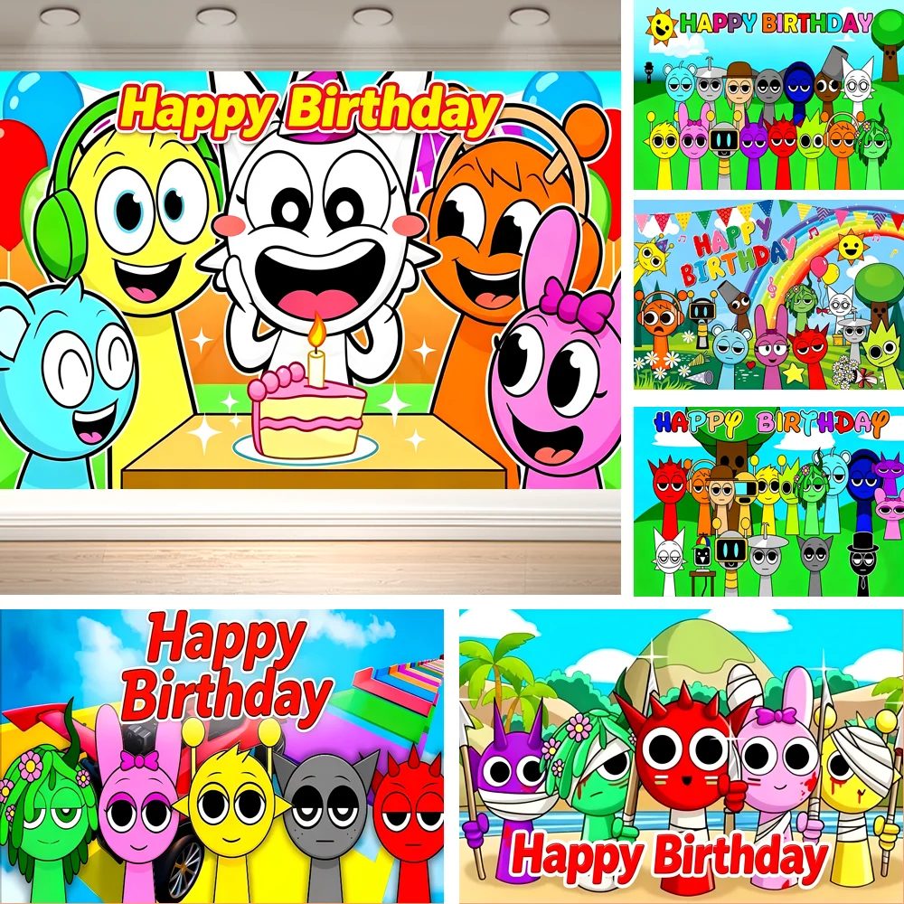 Dewprint S-Sprunki Cartoon Birthday Backdrop Vibrant Game Character Booth Background Kids Birthday Party Decor Banner Supplies