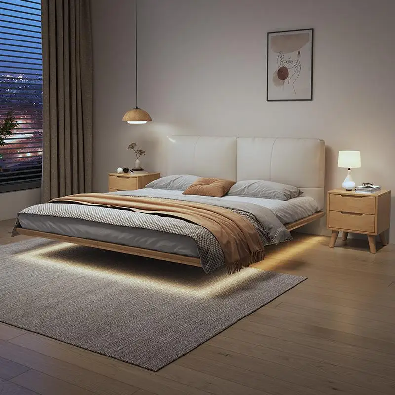 Suspended bed, solid wood, master bedroom, double, high-end, with lamp, cream wind, small apartment