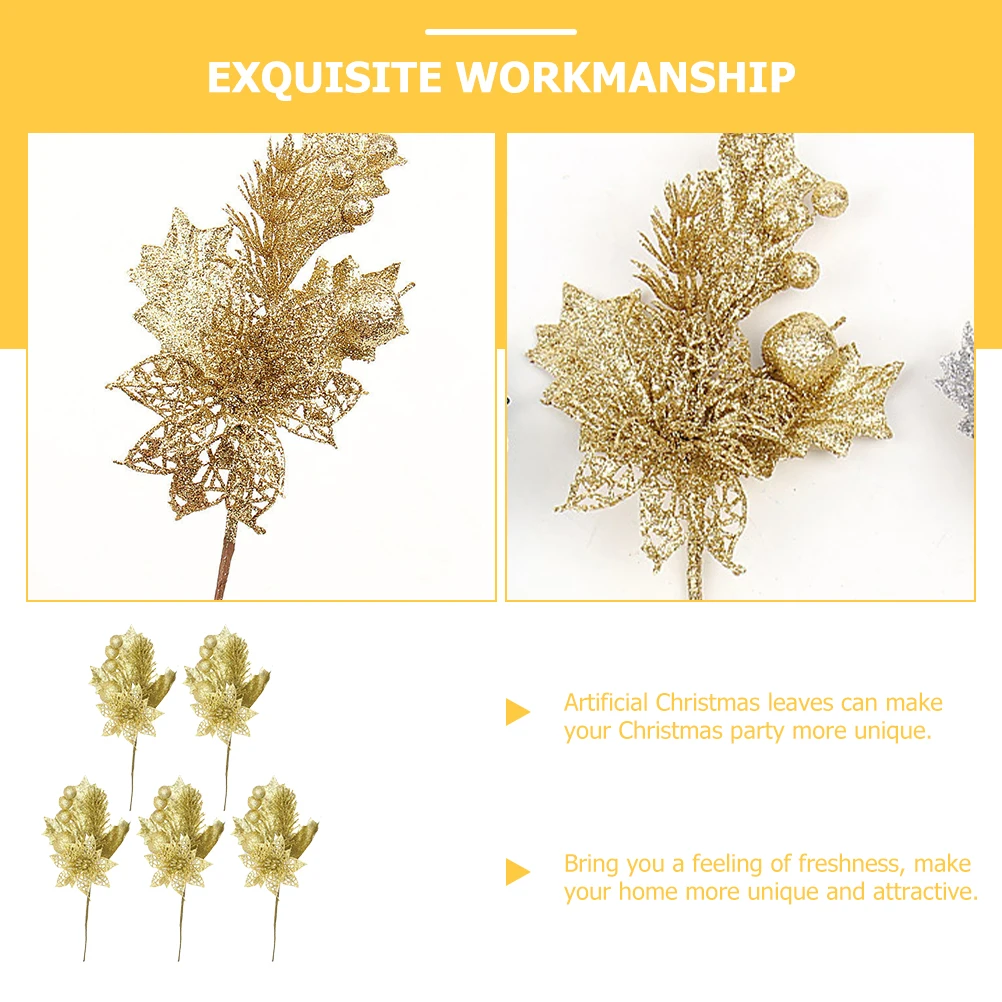 

5pcs Christmas Artificial Leaves Fake Glitter Leaves Picks For Tree Wreath Decor Simulated Floral Picks Holiday Home Window