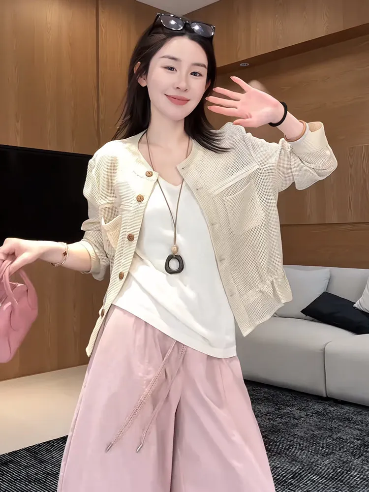 

Fashionable Hollow out Rope Drawn Women's Knitted Cardigan Spring Summer New Style Slimming Light Weight Long Sleeve Top
