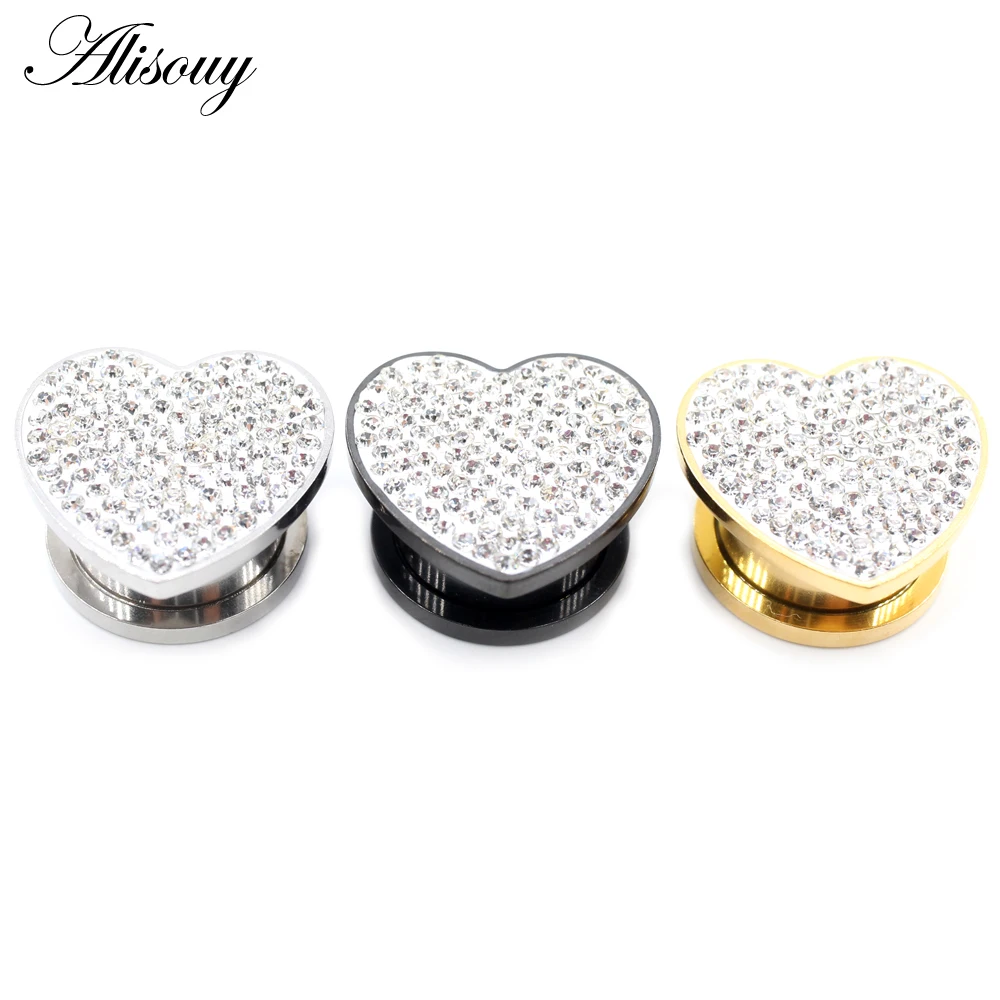 Alisouy 2pcs 8-16mm Stainless Steel Love Heart Zircon Crystal Ear Tunnel Plugs Expanders Stretchers Gauges Piercing Body Jewelry