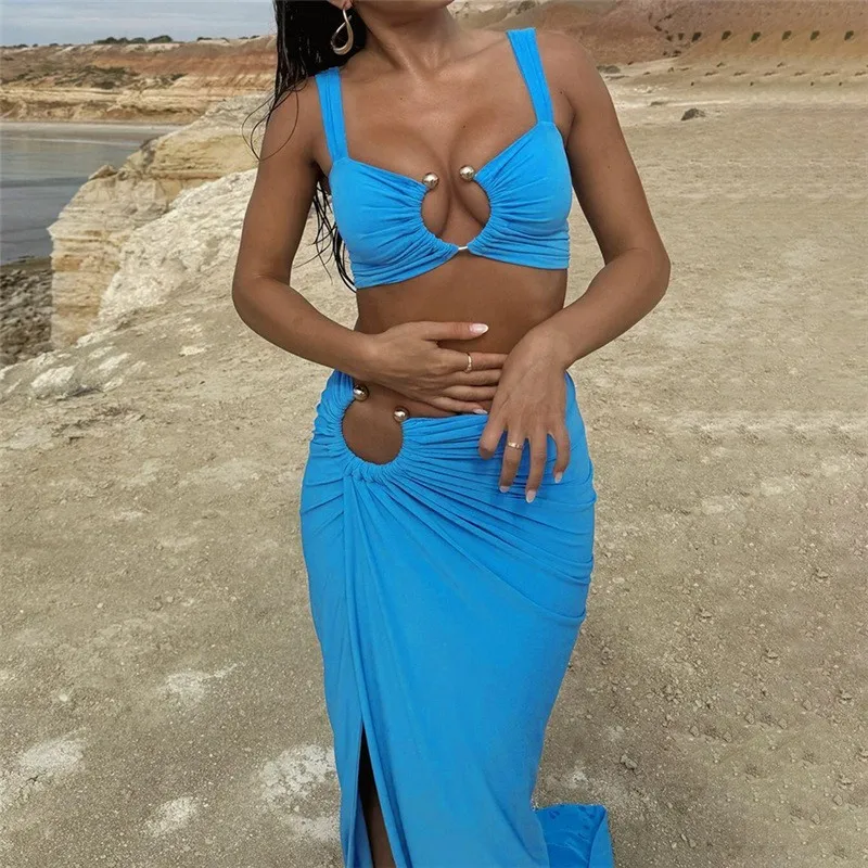 Summer Women's Suit Dress Sleeveless Crop Top Hollow Out Dresses High Waist Solid Color Dress Metal Decoration Sexy Two-piece