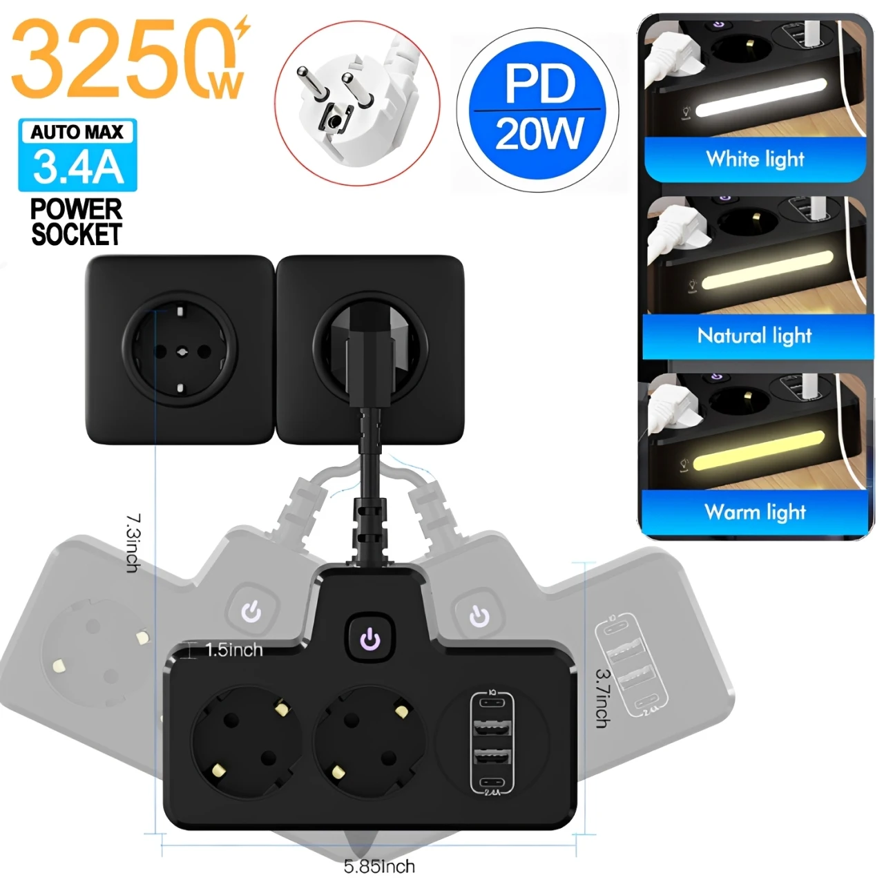 EU AC Plug Power Strip Wall Mounted Independent Switch Multitap Socket Network Filter With USB Charging Network Filter Adapter