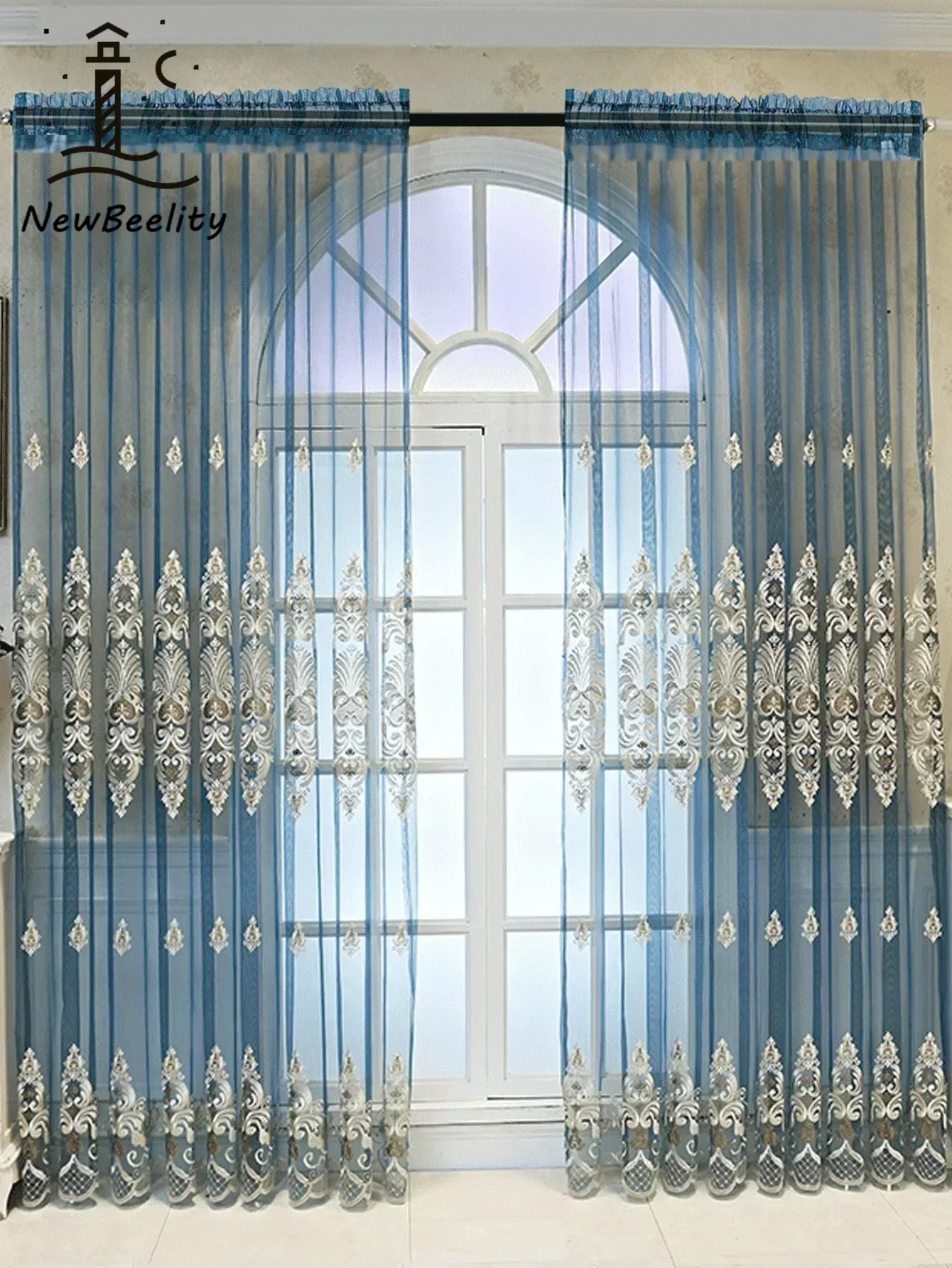 European Style blue High-end elegant Embroidery Tulle Custom Curtain for dinning Living Room bedroom window Decor