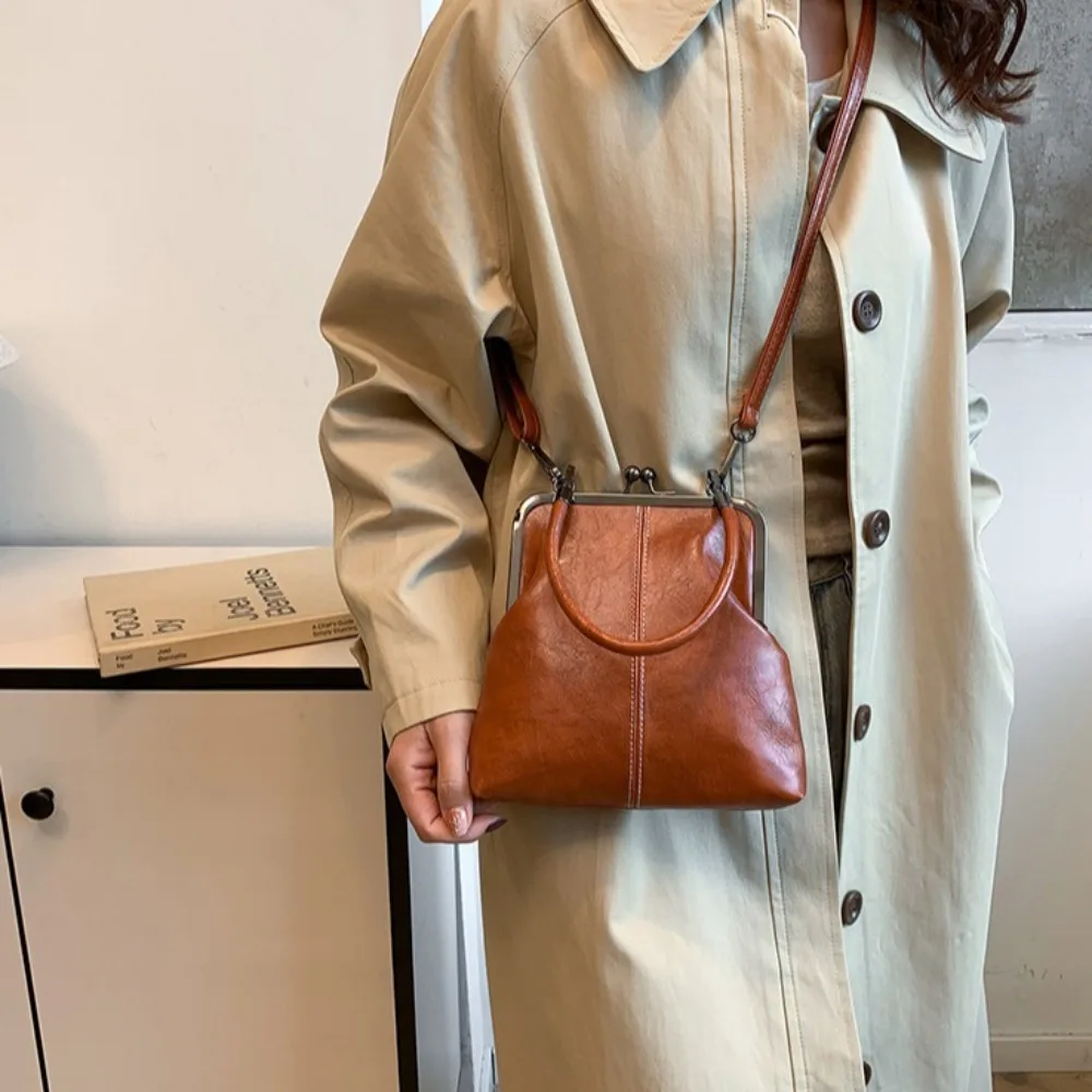 أنيقة قبلة قفل حقيبة كتف بولي Leather الجلود الرجعية النمط الصيني حقيبة كروسبودي بلون سعة كبيرة حقيبة يد نسائية خمر #5