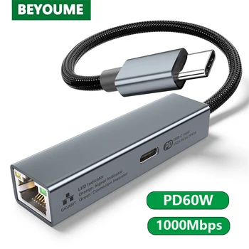 Placa de rede 2 em 1 USB C com porta de carregamento rápido PD 60W 1000Mbps Tipo C para Ethernet RJ45 Lan Gigabit Adaptador para PC laptop