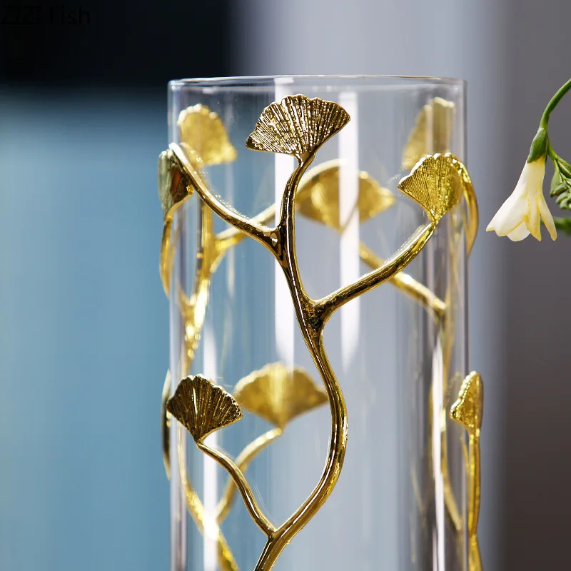 Golden Ginkgo Leaf Glass Vase Hydroponic Flower Pots Decorative Flower Arrangement Desk Decoration Floral Vases Modern Decor