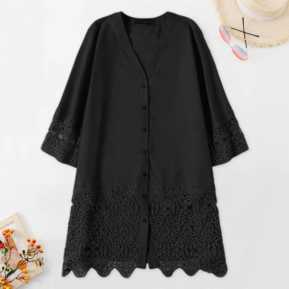 

Women V-neck Dress Elegant Lace Hem V Neck Mini Dress for Women Three Quarter Sleeves Loose Fit Beach Dress with for Summer