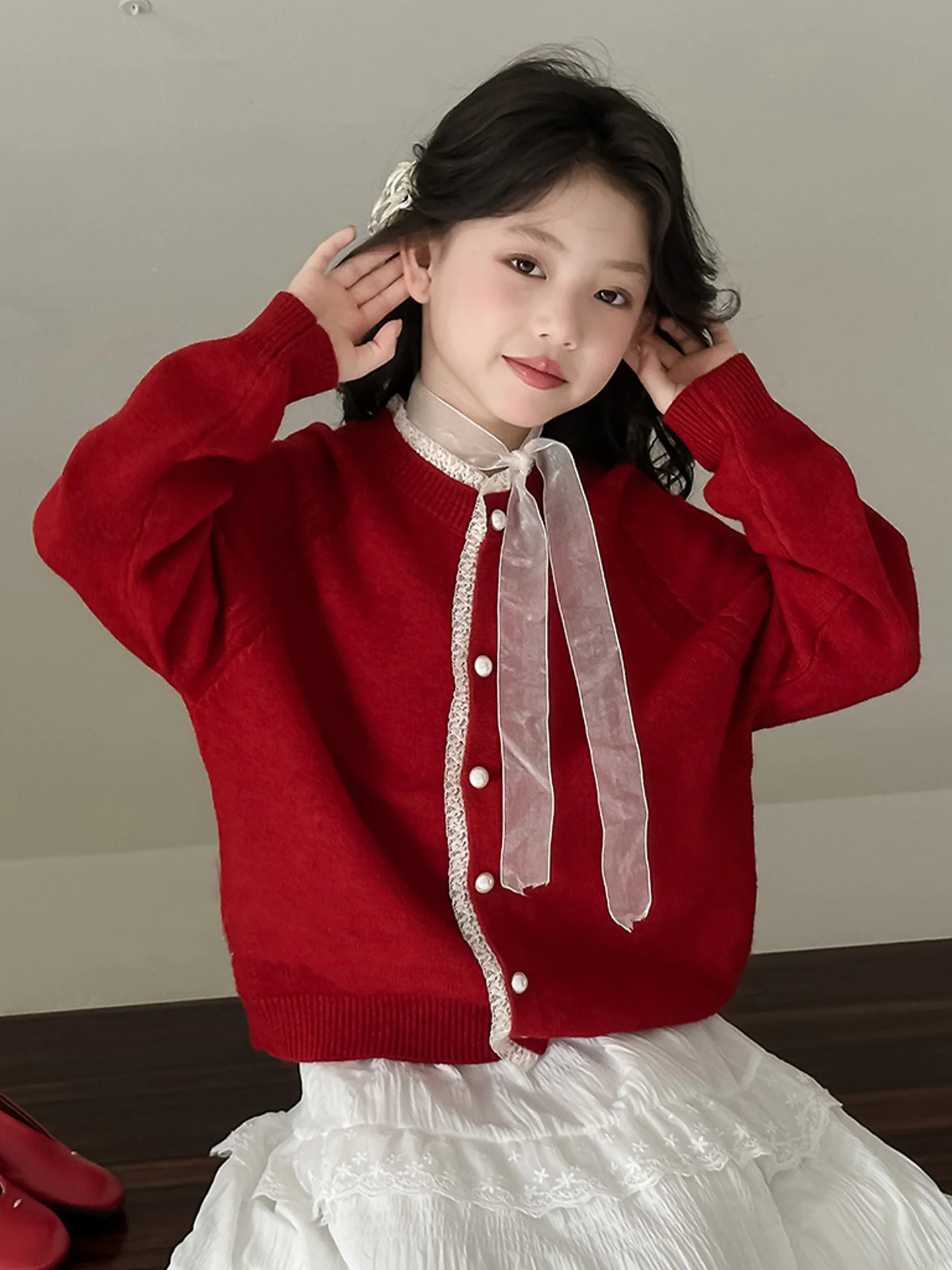 女の子ニットオープンカーディガン春秋スタイル子供服小さな香り風新年セーターコート親子母娘衣装