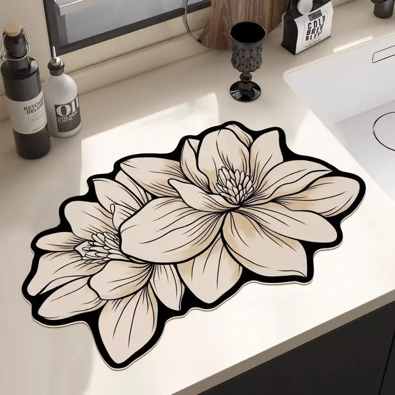 VIKAMA Unique Floral Dish Drying Mat, Coffee Bar Water-Absorbing Quick-Dry Mat, Home Tabletop Decorative Accessory