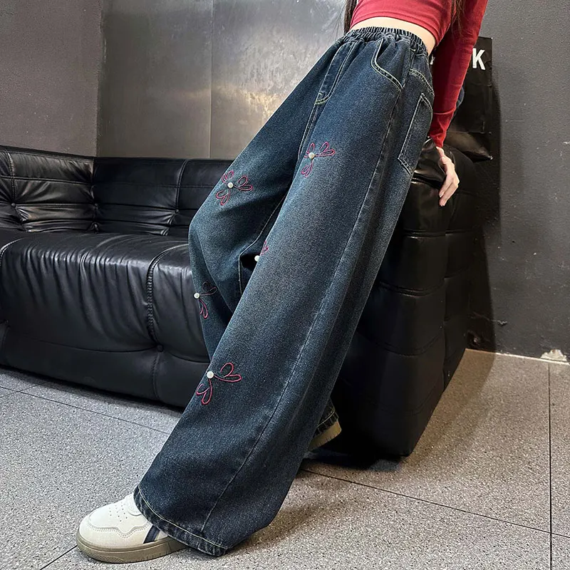 New Fashion Kids Harajuku Embroidery Jeans for Girl High Quality American y2k Design Straight Flower Denim Pants Casual Trousers
