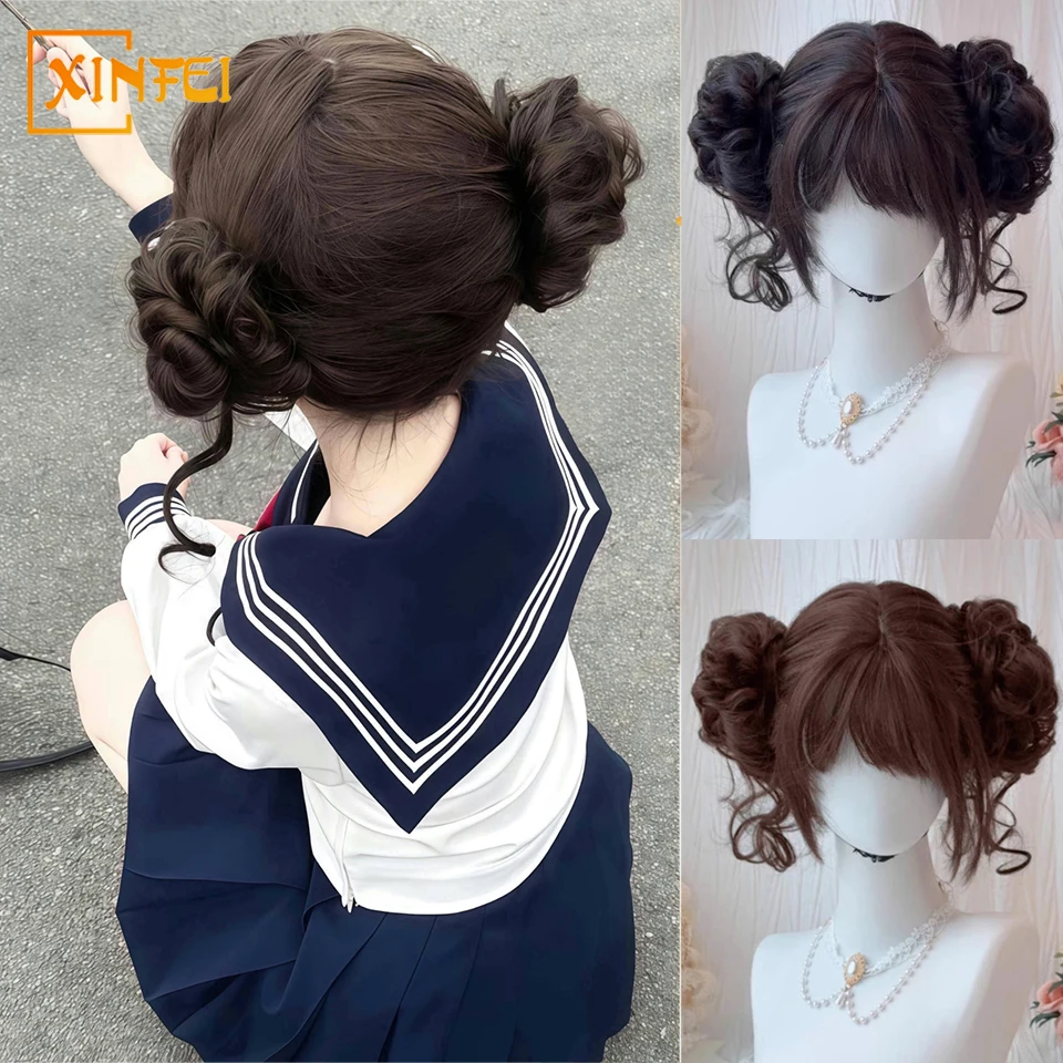 

XINFEI Sweet Heart Double Explosion Ball Wig Women's Short Straight Hair Removable Flower Bud Head Lolita Full Head Cover
