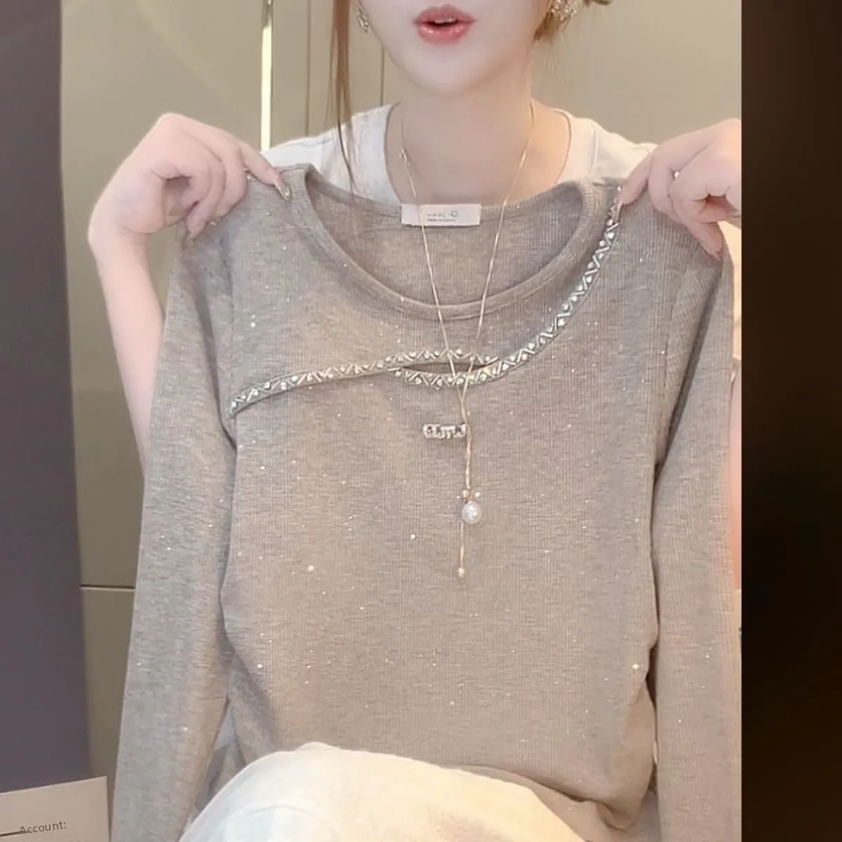Slimming Hollow out Long Sleeve T-Shirt Women's plus Size Base Shirt Inner Wear Rhinestone Embellished Commute Style Loose Fit