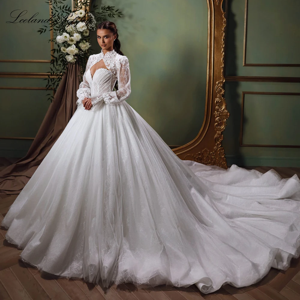 Lceland Poppy Customized Ball Gown Tulle Wedding Dresses Strapless Princess Beaded Lace Bridal Gowns with Lace Jacket