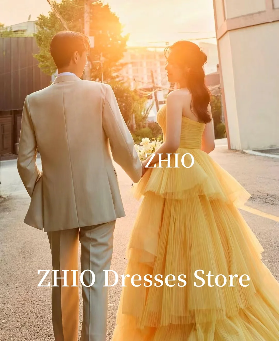 ZHIO فستان زفاف برتقالي أنيق متعدد الطبقات على شكل حرف a سويب تراين للحفلات المسائية فستان زفاف كوري لالتقاط الصور حسب الطلب