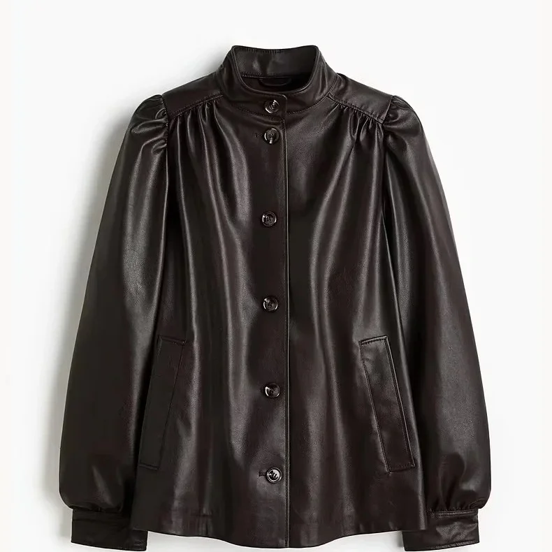 Ele sle ort couro revestido pu jaet longo sve gola feminina faion outono inverno nova chegada 36678