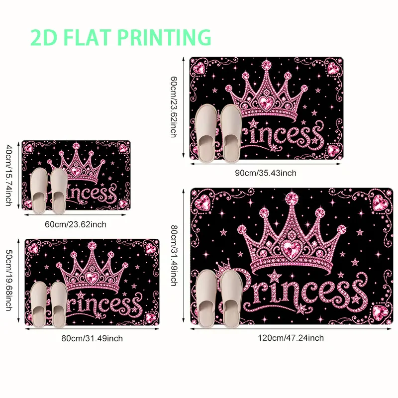 Elegant Princess Crown Print Doormat Mat Black Background Glamour Glitter Rhinestone Design Entrance Mat Home Decor Gift for Kid