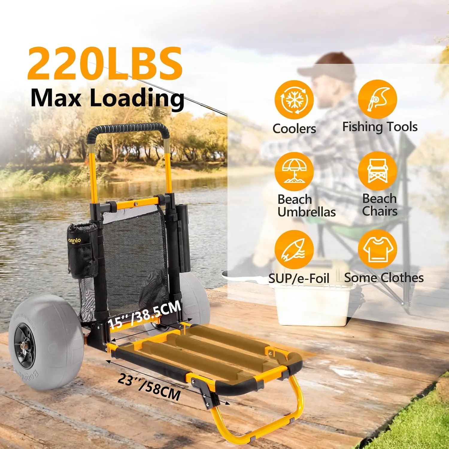 Bonnlo Beach Fishing Cart, Beach Wagon Trolley with 12" Big Balloon Wheels, Foldable, Orange, Aluminum Frame & Handle, 23" x 15" Cargo Deck, Fishing Rods & Water Bottle Holders, Mesh Bag, Hand Pump view 4