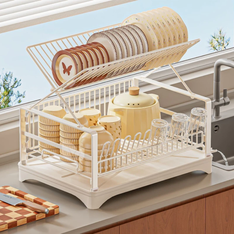 Foldable Dish Drying Rack Kitchen Countertop Plate Bowl Organizer for Dishware Plates Bowls Cups Cutlery Storage