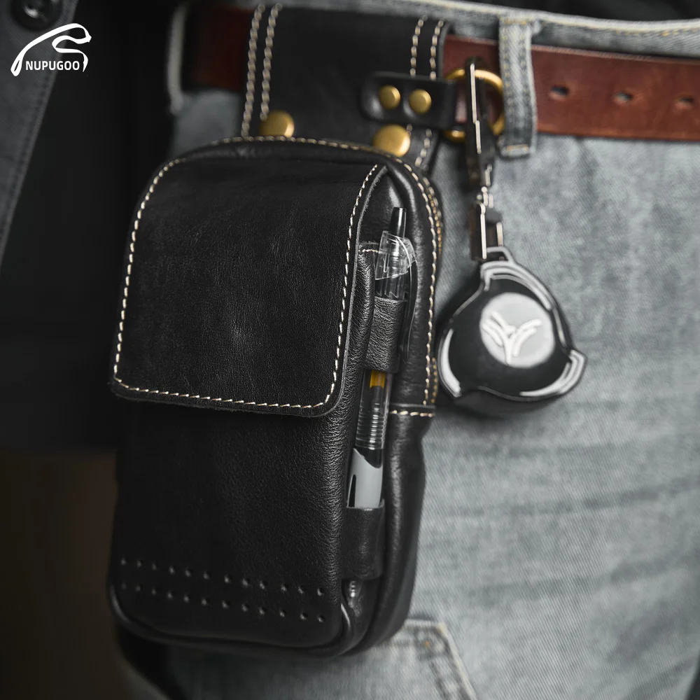 NUPUGOO Vintage Style Men's Waist Bag Top Layer Cowhide Leather Mobile Phone Belt Bag Mad  Leather Multi-Functional Belt...