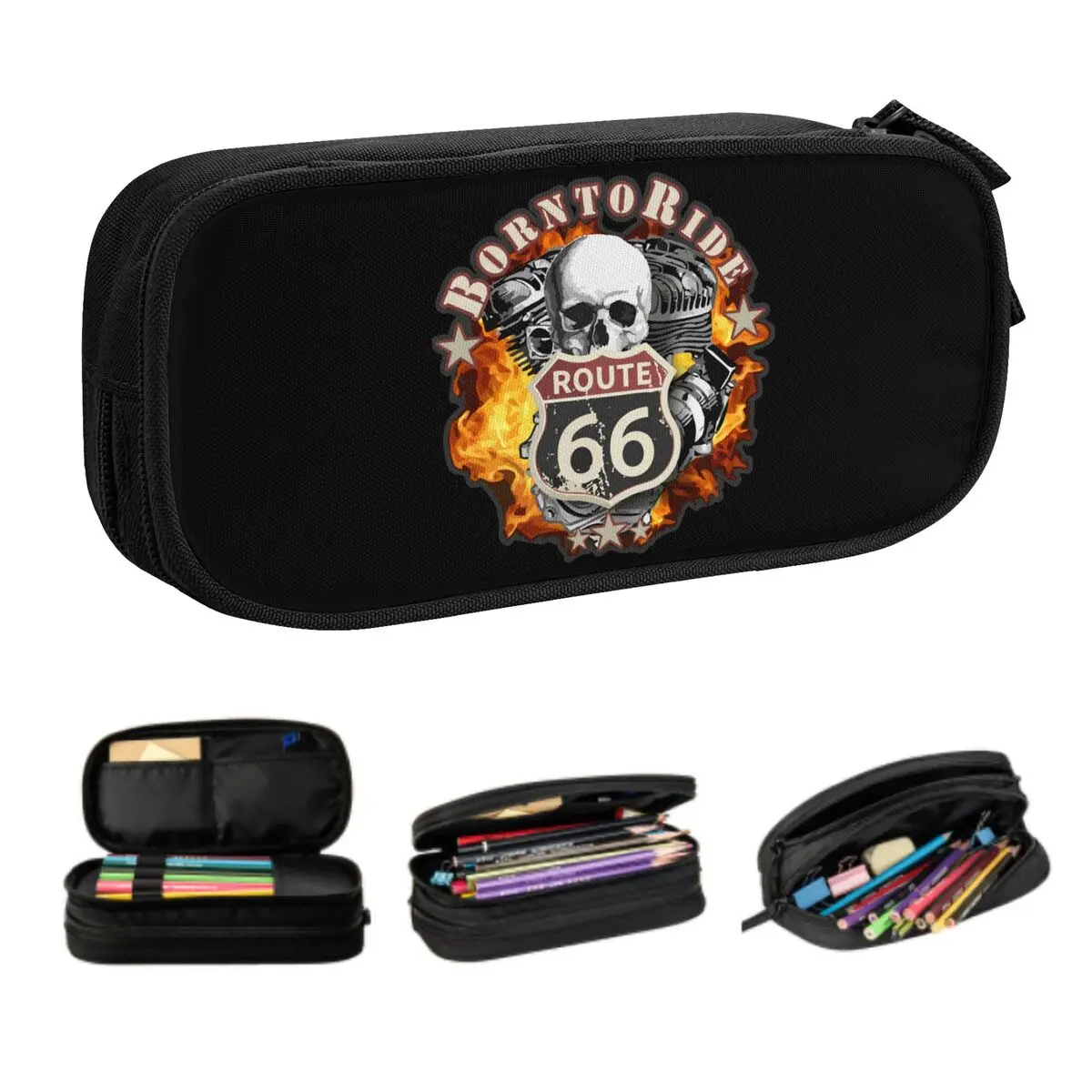 Custom Born To Ride Skull Pencil Case for Boys Gilrs Large Capacity Route 66 Pen Box Bag School Accessories