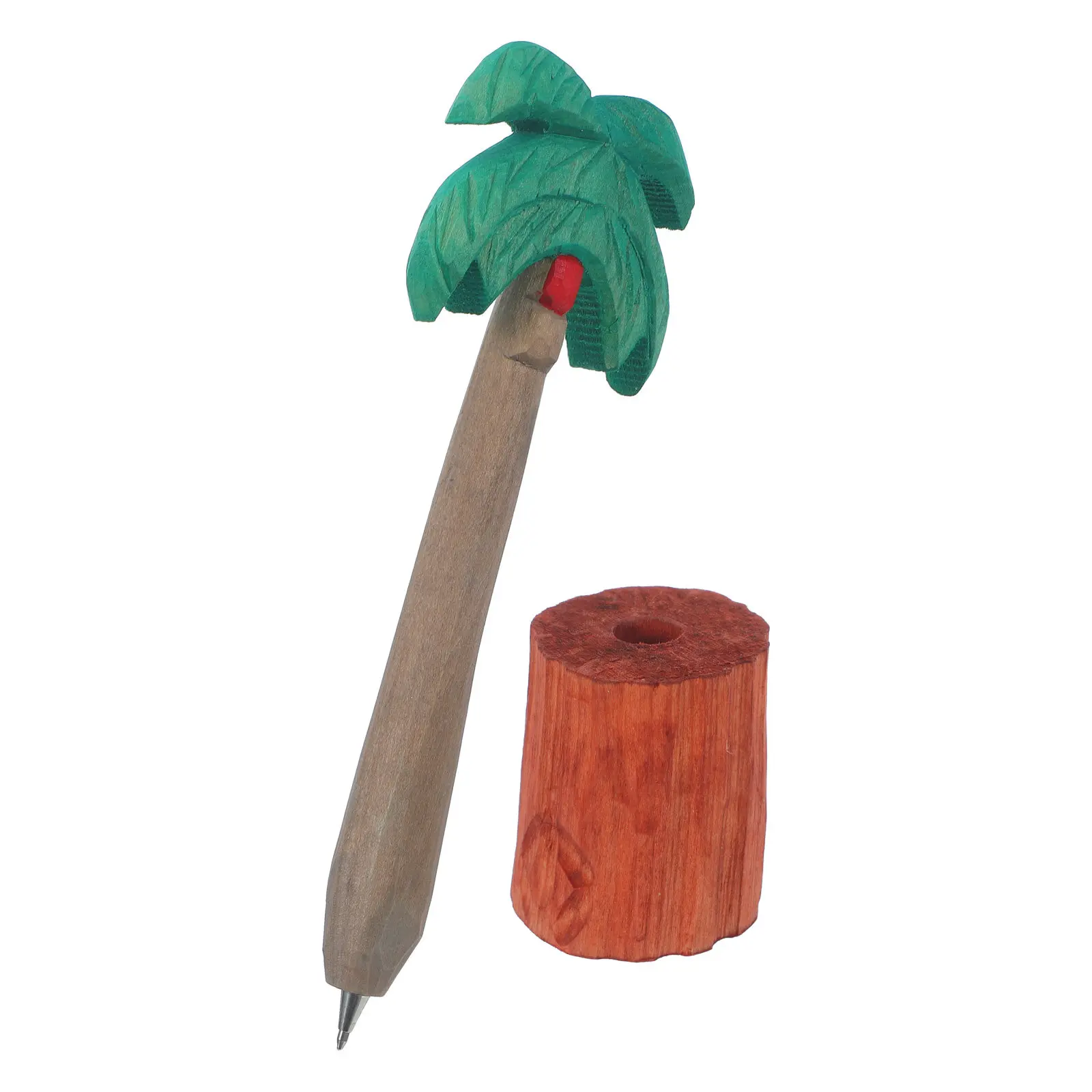 Natural Wood Ballpoint Pen with Mini Coconut Tree Carving Tropical Themed Decorative Stationery Novelty Signature Pen
