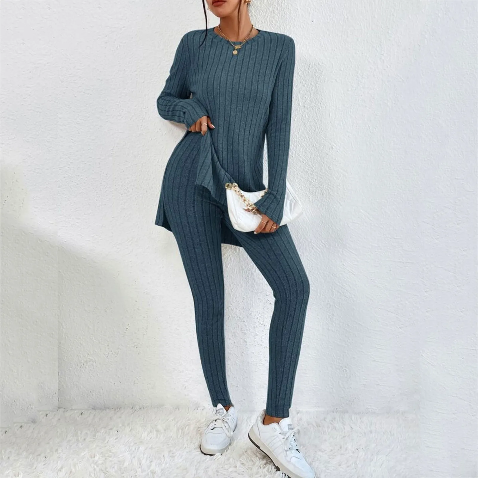 Casual Two Piece Set Women Outfits 2024 Autumn/Winter New Fashion Solid Knitted Long Sleeve Sweater & Loose Pants Suit Elegant